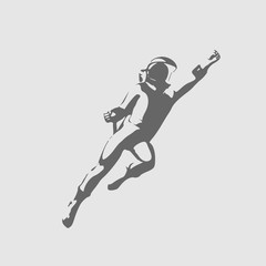 Flying stronaut in spacesuit. Monochrome silhouette. Fantastic person