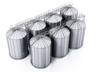 Corrugated steel grain silos isolated on white background. 3D illustration