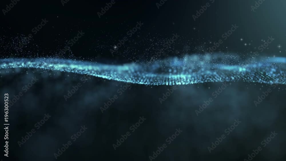Wall mural digital blue abstract luxurious sparkling wave particles flow de-focus background