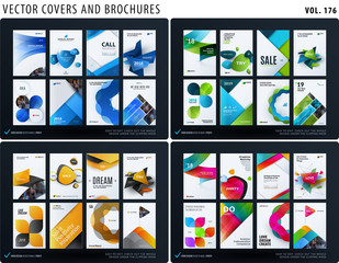 Set of design brochure, abstract annual report, horizontal cover layout, flyer in A4 with vector colourful geometric shapes