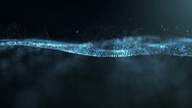 Digital blue abstract luxurious sparkling wave particles flow de-focus background