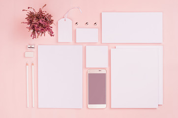 Corporate identity template, white blank stationery set with dry flowers and phone on pastel pink stylish background. Mock up for branding, business presentations and portfolios.