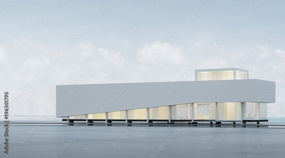 Poster 3D rendering of modern architecture with warm interior lighting and minimal pool on mountain background,Concept of design architectural.