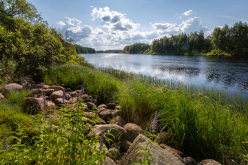 Beautiful sunny day on the river, summer in Finland