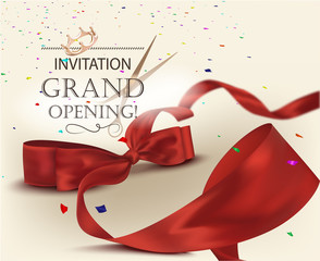 Grand opening invitation card with beautiful curly ribbon and colorful confetti. Vector illustration