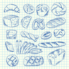 Vector hand drawn contoured bakery elements