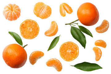 mandarin with slices and green leaf isolated on white background top view