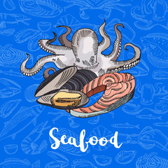 Vector hand drawn colored seafood elements lettering
