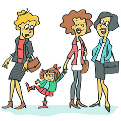 Woman with child busy talking to a friend and does not notice her little girl rudeness to stranger, colorful vector cartoon illustration