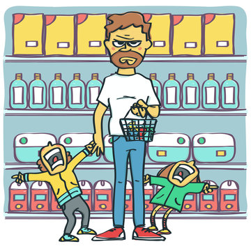 Angry And Miserable Man With Two Raging Children Screaming At Shopping Mall, Colorful Vector Cartoon