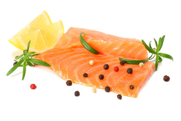 Red fish. Raw salmon fillet with rosemary isolate on white background