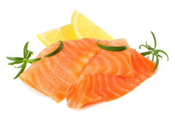 Red fish. Raw salmon fillet with rosemary isolate on white background