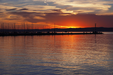 sunset over  lake Balaton near Siofok in Hungary