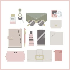 ビジネスウーマン、OL女性鞄の中身。お財布やスマートフォンなどのイラスト