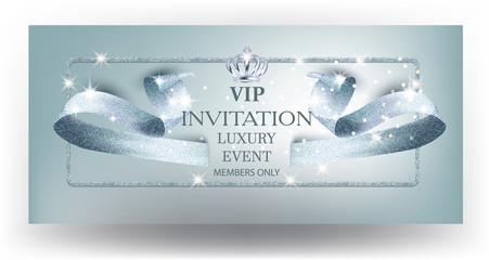 VIP blue beautiful invitation card with curly textured ribbon and crown. Vector illustration