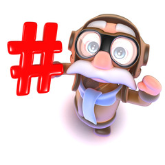 3d Funny cartoon airline pilot character holding a hashtag internet symbol