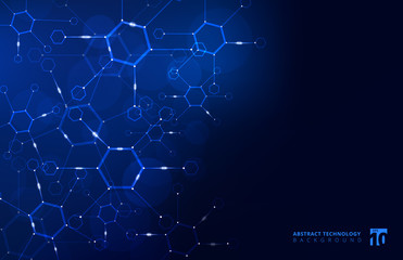 Obraz premium Abstract hexagon geometric background with connected line and dots on blue background. Big data Visualization.
