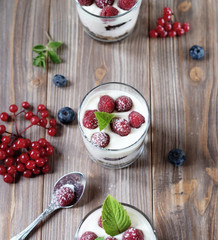Healthy breakfast with yogurt and granola. Top view. Close up.