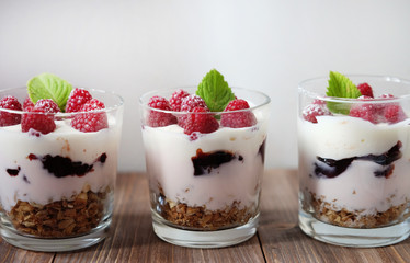 healthy eating and diet concept: Healthy breakfast - yogurt with