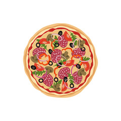 Pizza with salami, tomatoes and mushrooms. Vector illustration on white background