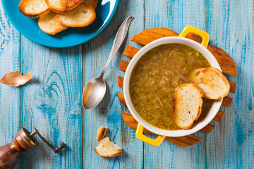 Classic onion soup with croutons.