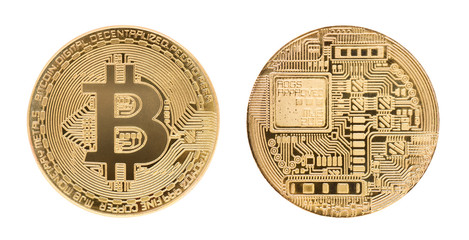 Front and back of the crypto currency golden bitcoin isolated on white background