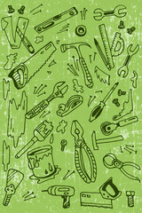 Green seamless tools pattern. Vector background.
