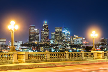 Skyscrapers in downtown Los Angeles California at night. View from bridge