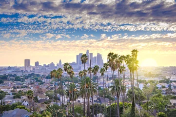 Fototapeten Schöner Sonnenuntergang der Skyline der Innenstadt von Los Angeles und Palmen im Vordergrund © chones