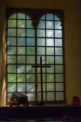 Church Stained-glass Window, The Holy Bible and Wooden Cross