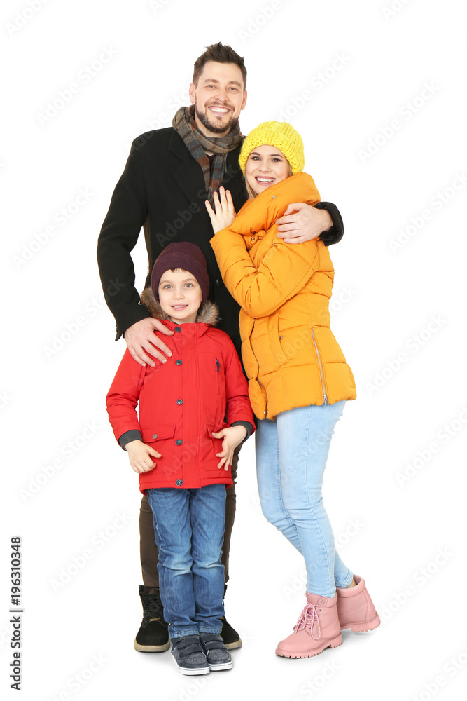 Sticker happy family in warm clothing on white background. ready for winter vacation