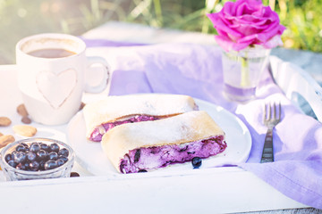 Strudel with blueberries. Pie, strudel with berries.
