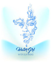 Vector face girl or woman in water wave lines. Can be used for logotype or print for case or shirt or t-shirt. Water face ornament.
