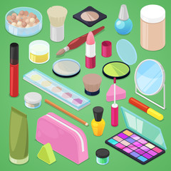 Cosmetic vector beauty make up cosmetology for beautiful woman with makeup foundation powder or eyeshadow illustration set of cosmetician accessories in cosmetologist isometric isolated on background