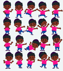 Cartoon character black boy in a swimsuit. Set with different postures, attitudes and poses, doing different activities in isolated vector illustrations.