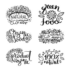Eco vector organic labels, bio emblems for stickers and restaurants menu, natural products packaging.