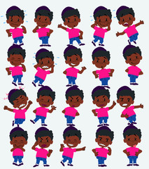 Cartoon character black boy in a swimsuit. Set with different postures, attitudes and poses, doing different activities in isolated vector illustrations.