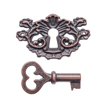 Old key and keyhole isolated on white background