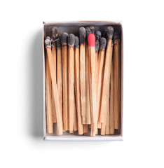 Top view of opened match boxes with burned matchsticks. Isolated on white background