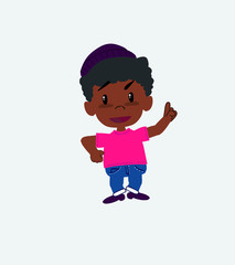 Black boy in a swimsuit talking very determined and optimistic.