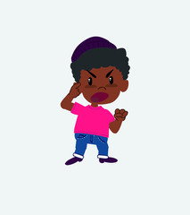 Black boy in a swimsuit screams angry in aggressive attitude.