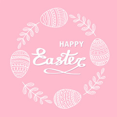 Happy Easter greeting card with floral elements, branches and drawing eggs on pink background, stock vector illustration