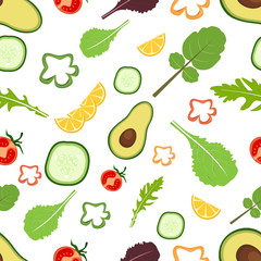 Seamless background pattern of organic farm fresh fruits and vegetables. Flat style design on transparent background.
