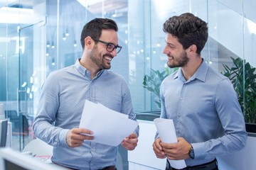 Two handsome bearded business men discussing paperwork in office