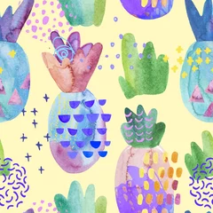 Tuinposter Colorful decorative pineapples with watercolor texture, doodles drawings, abstract geometric elements. © Tanya Syrytsyna