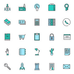 Universal business filled outline icons set, line vector symbol collection, linear colorful pictogram pack. Signs, logo illustration, Set includes icons as factory, hand gesture, calculator, user data