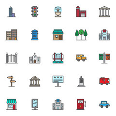 City filled outline icons set, line vector symbol collection, linear colorful pictogram pack. Signs, logo illustration, Set includes icons as skyscraper building construction, traffic light signal