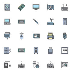 Computer components filled outline icons set, line vector symbol collection, linear colorful pictogram pack. Signs, logo illustration, Set includes icons as HDD, ram memory, pc, usb, dvi, hdmi, wi-fi