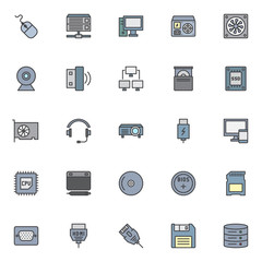 Computer device elements filled outline icons set, line vector symbol collection, linear colorful pictogram pack. Signs, logo illustration, Set includes icons as mouse, database server, desktop, SSD  
