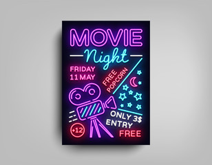 Movie Night poster design template in neon style. Neon Sign, Light Banner, Bright Flyer, Design Postcard, Promotional Brochure, Neon Night Cinema Advertising, Night Session. Vector Illustrations